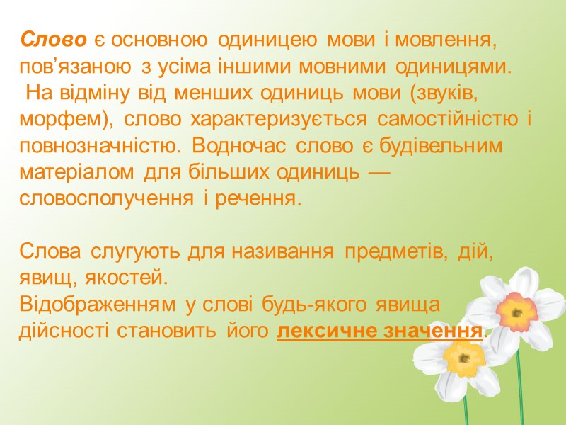 Слово є основною одиницею мови і мовлення, пов’язаною з усіма іншими мовними одиницями. 
